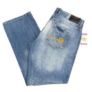 Mecca Mens 38x32 Straight Leg Blue Denim Jeans Light Wash Embroidered Logo Faded